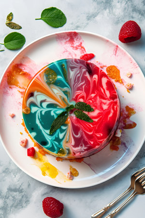 Colorful jelly cake with strawberry and mint on a white plate.の素材