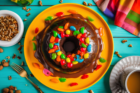 Chocolate bundt cake with colorful candies on blue wooden backgroundの素材