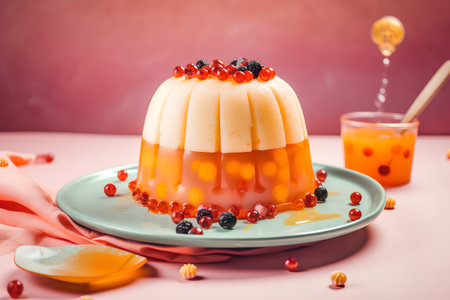 Panna cotta with pomegranate jelly on pink backgroundの素材