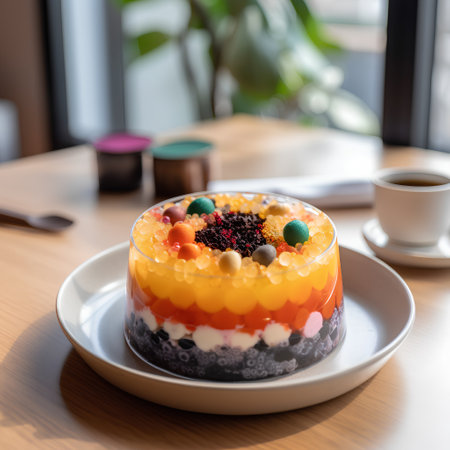 Colorful fruit cake in a white plate on a wooden table.の素材