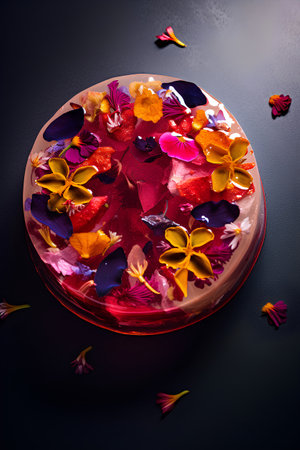 Ceramic plate with flowers and petals on a black backgroundの素材
