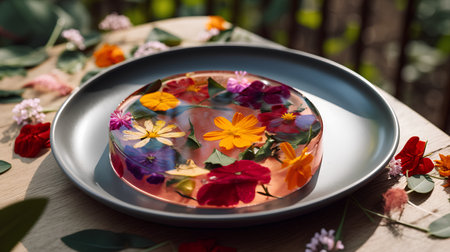 Flower cake decorated with colorful flowers on a wooden table in the gardenの素材