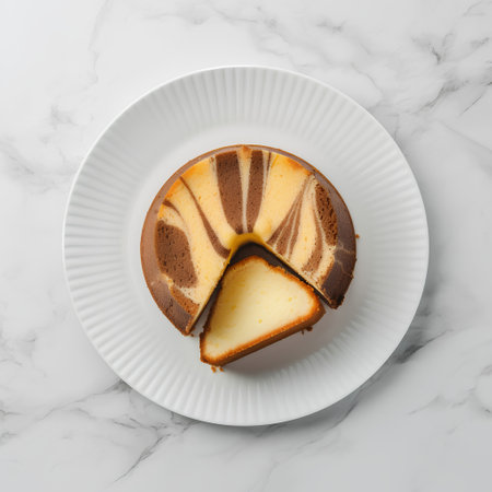 Chocolate Cheesecake on a white plate, top view.の素材