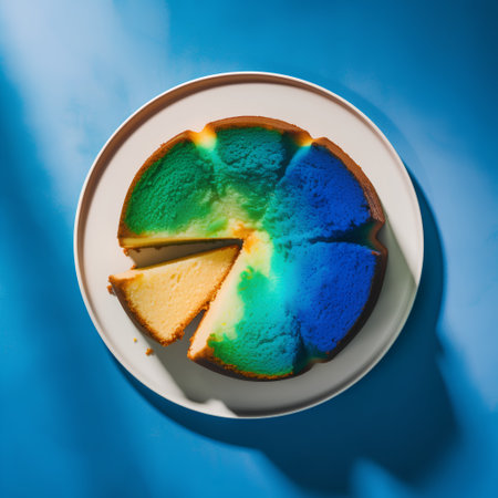 Piece of cheesecake with blue and yellow icing on blue backgroundの素材