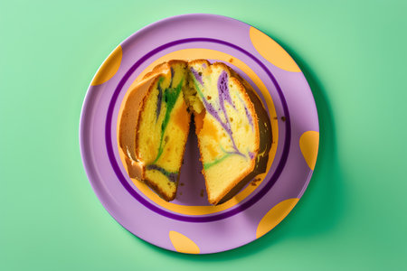 Top view of a slice of sponge cake on a purple plate.の素材