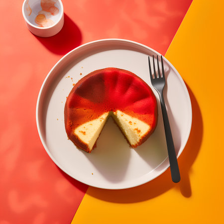 Cheesecake on a white plate on an orange and red backgroundの素材