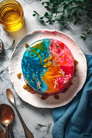Cake decorated with flowers and oil on a light background. Top view.の素材