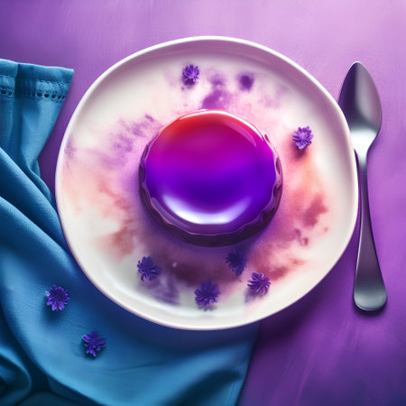 Violet jelly on plate with spoon and napkin, top viewの素材