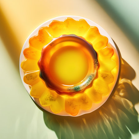 top view of yellow lemon jelly in white plate on green and yellow backgroundの素材