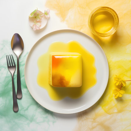 Flat lay of yellow pudding with honey and spoon on white plateの素材