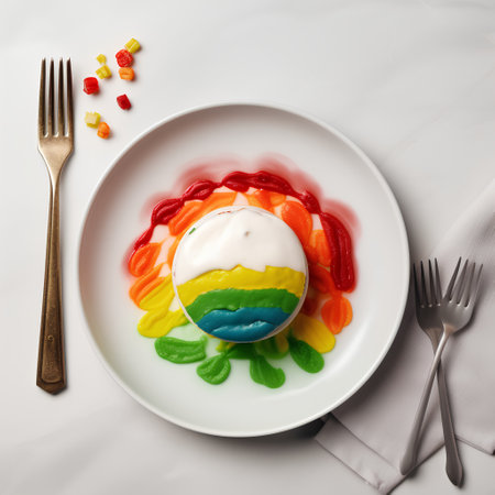 Rainbow jelly in the form of a rainbow on a white plateの素材