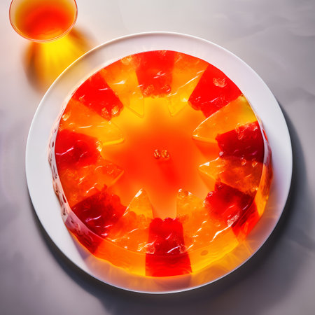 Fruit jelly on a white plate with a glass of orange juiceの素材