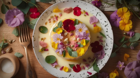 Cake decorated with edible flowers on a white plate, top viewの素材