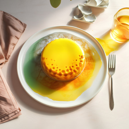 Pancake dessert on plate with spoon and fork on light backgroundの素材