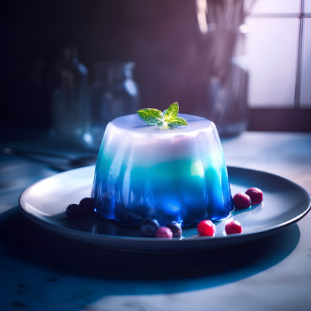 Blue jelly with berries and mint on a black plate on a dark backgroundの素材