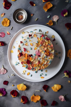 Cake decorated with colorful petals on a white plate on a gray backgroundの素材
