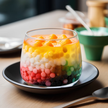 close up of a colorful fruit dessert in a glass on a tableの素材