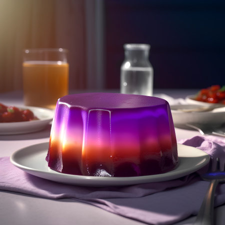 Panna cotta with purple jelly on a white plate and a glass of orange juiceの素材