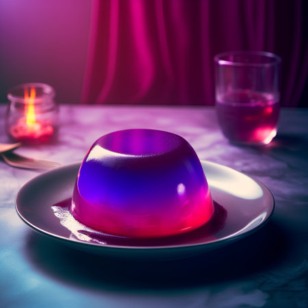 Jelly pudding on a black plate with a candle in the backgroundの素材