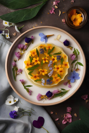Spring flowers in a bowl of water, top view, copy spaceの素材