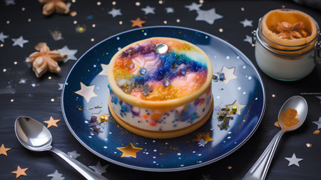 Colorful jelly pudding in a blue plate on a black background.の素材