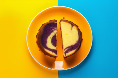 Slices of blueberry cheesecake on yellow and blue backgroundの素材