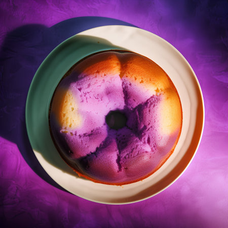 Cake with purple glaze on a plate on a purple backgroundの素材