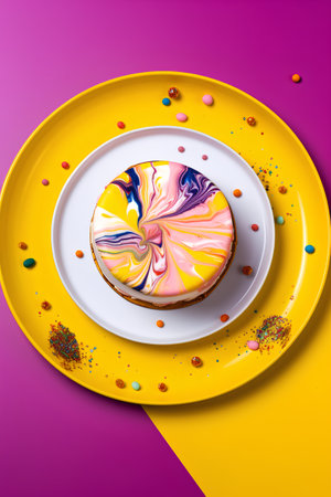 Colorful glazed round cake on a yellow plate on a purple background.の素材