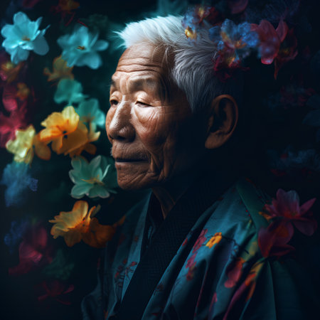 Portrait of an old asian man with flowers in the backgroundの素材