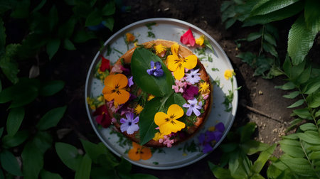 Easter cake with pansy flowers in the garden. Selective focus.の素材