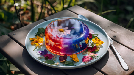 Colorful flower jelly in a glass cup on a wooden table.の素材