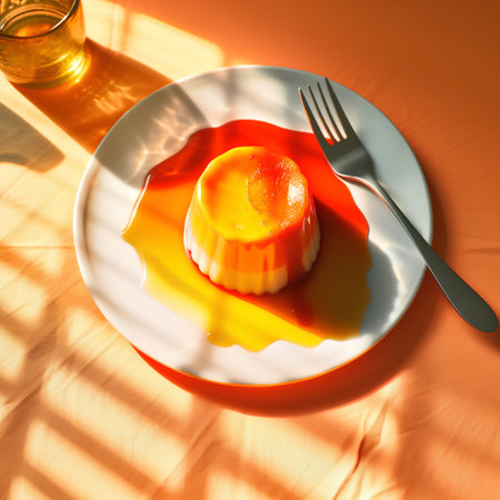 Flan flan on a white plate with a fork and a drinkの素材