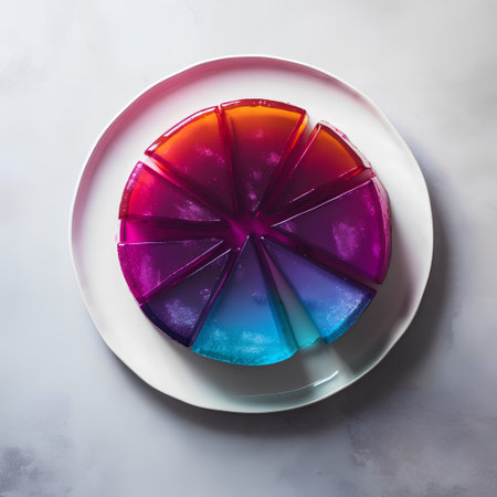 Colorful jelly cake on white plate, top view, square imageの素材