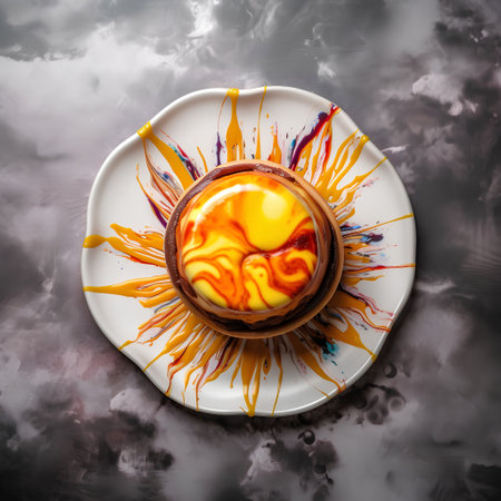 Pancakes on a white plate with yellow and red paint.の素材
