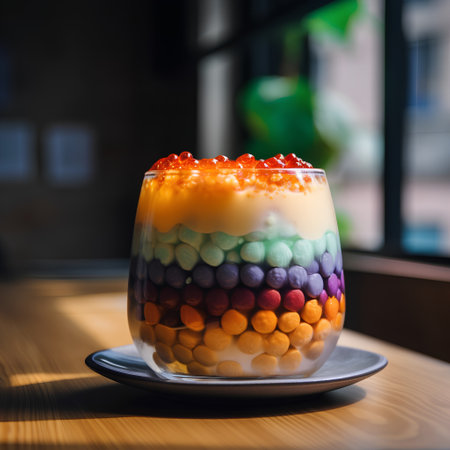 Colorful fruit jelly in a glass on a wooden table in a cafeの素材