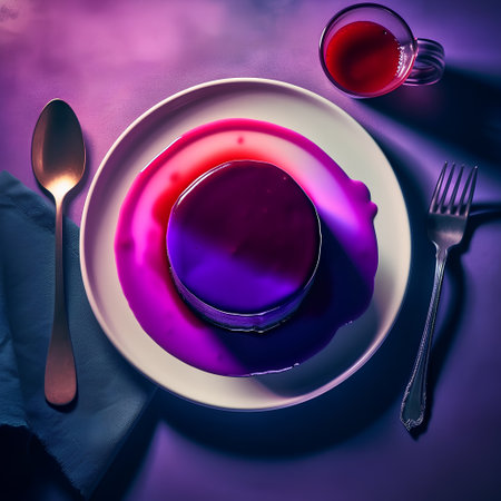 Panna cotta on plate with spoon and fork on purple backgroundの素材