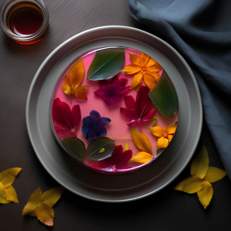 Cup of hot water with flowers on dark background, top viewの素材