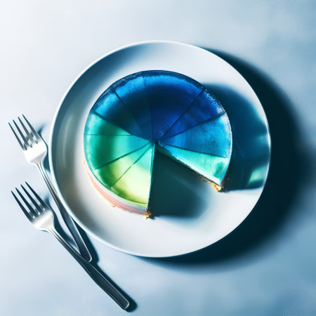 Piece of cake on a plate with fork and knife on blue backgroundの素材