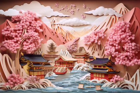 Landscape of chinese temple with cherry blossom in paper art styleの素材
