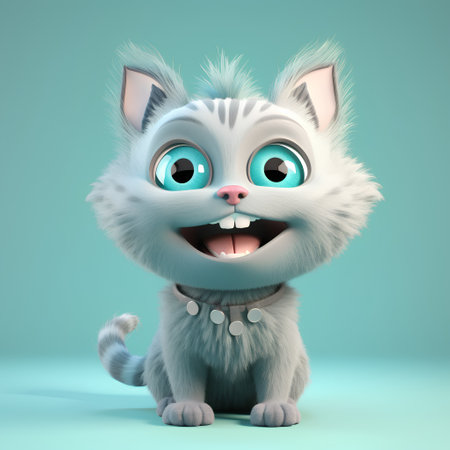 Cute cartoon kitten on a blue background. 3D rendering.の素材