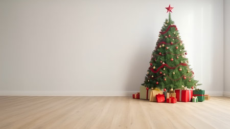 Christmas tree with presents under it in empty room with white wall and wooden floorの素材