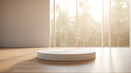 White round podium on wooden floor. 3d rendering, mock upの素材