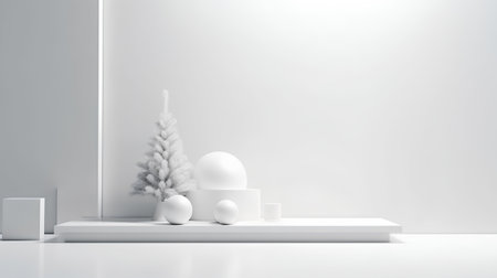 Minimalistic Christmas interior with white Christmas tree and decorations. 3D rendering.の素材