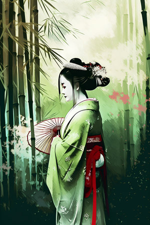 Illustration of a Japanese geisha with a fan in a bamboo forestの素材