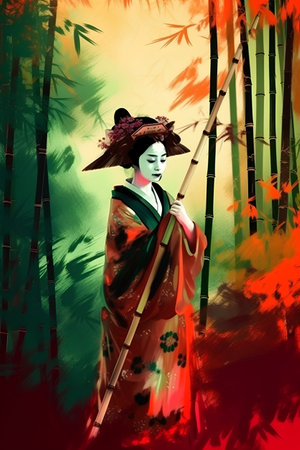 Digital painting of a japanese geisha in a bamboo forestの素材