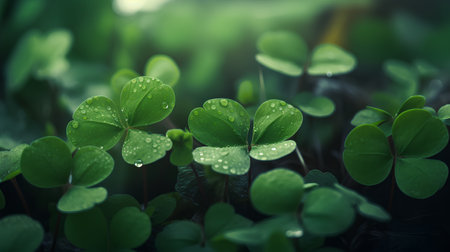 Green clover leaves with drops of water after rain. Nature backgroundの素材