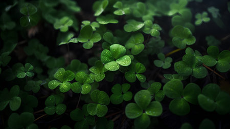 Green clover leaves with water drops close up. Nature background.の素材