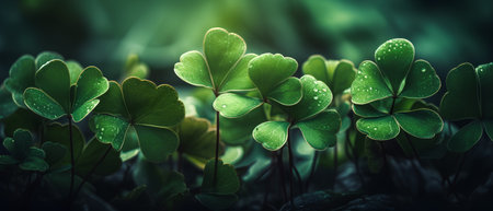 Green clover leaves in the forest with water drops. Nature backgroundの素材
