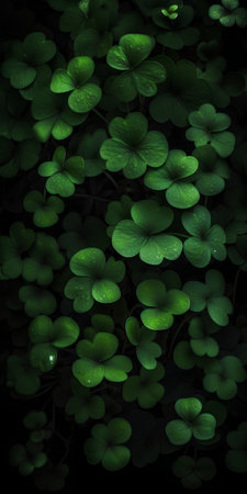 Green leaves of clover with water droplets on a black backgroundの素材