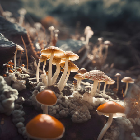 mushrooms growing on the ground in the autumn forest. macroの素材